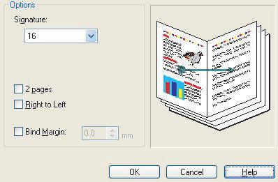 I Alternativer-vinduet kan du angi størrelsen på [signaturen] (se side 68, antall [sider] per arkside og [innbindingsmargen] hvis dokumentet blir tykt.