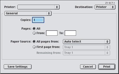MAC OS9.X 1. Velg [Arkiv] [Skriv ut]. 1 2 3 2. Velg skrivermodell på skrivermenyen (1). 3. Velg [Generelt] (2).