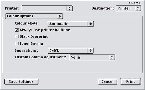 MAC OS9 1. Velg [Arkiv] [Skriv ut]. 1 2 3 2. Velg skrivermodell på skrivermenyen (1). 3. Velg [Fargevalg] (2).