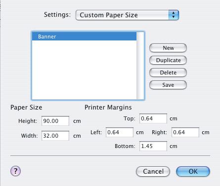 MAC OS X 1. Velg [Fil] [Utskriftsformat] i programmet. 1 2 3 4 2. Velg [Egendefinert sidestørrelse] (1). 3. Klikk [Ny]-knappen (2) for å definere en ny papirstørrelse og angi et navn for papirstørrelsen.