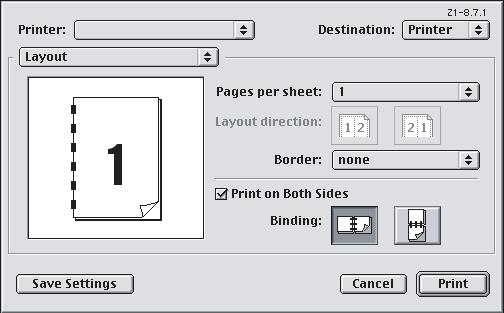 MAC OS 9 1. Velg [Arkiv] [Skriv ut] i programmet. 1 2 3 4 2. Velg skrivermodell på [Skriver]-menyen (1). 3. Velg [Layout] (2). 4. Merk av for [Skriv ut på begge sider] (3). 5.