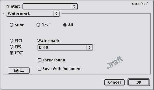 MAC OS 9 Illustrasjonene her er for Adobe PostScript-driveren. Funksjonen for vannmerker finnes ikke i Apple LaserWriter-driveren. 1.