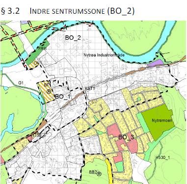 Sak 120/17 Grensen mellom Indre sentrumssone og Sentrumskjernen (BO_1) følger Ringvegen. Utsnitt av gjeldende KDP for Tynset tettsted.