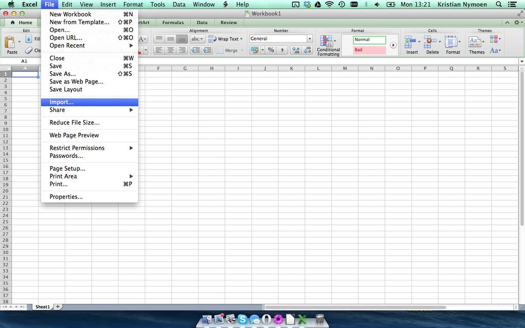 Ecel (Mac) For å importere dataene fra