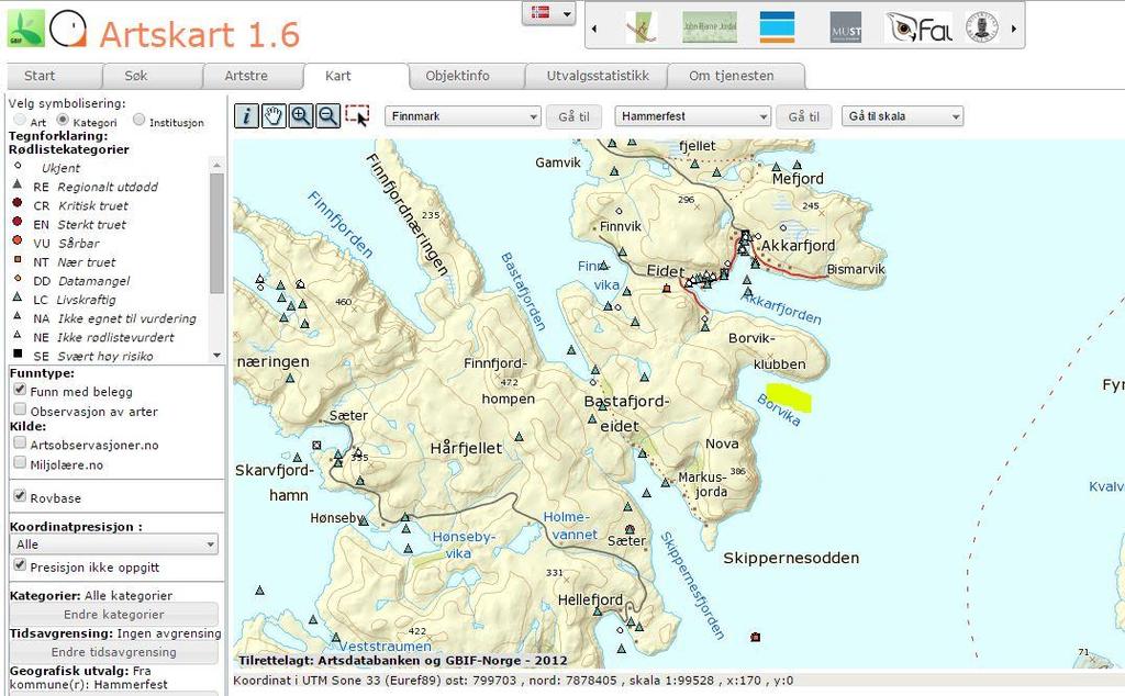 Vedlegg 6.3.6 Naturdatabase Kart over artsdata i nærhet til lokaliteten. Omtrentlig plassering av lokaliteten er skissert med gult. Kart fra Artskart.