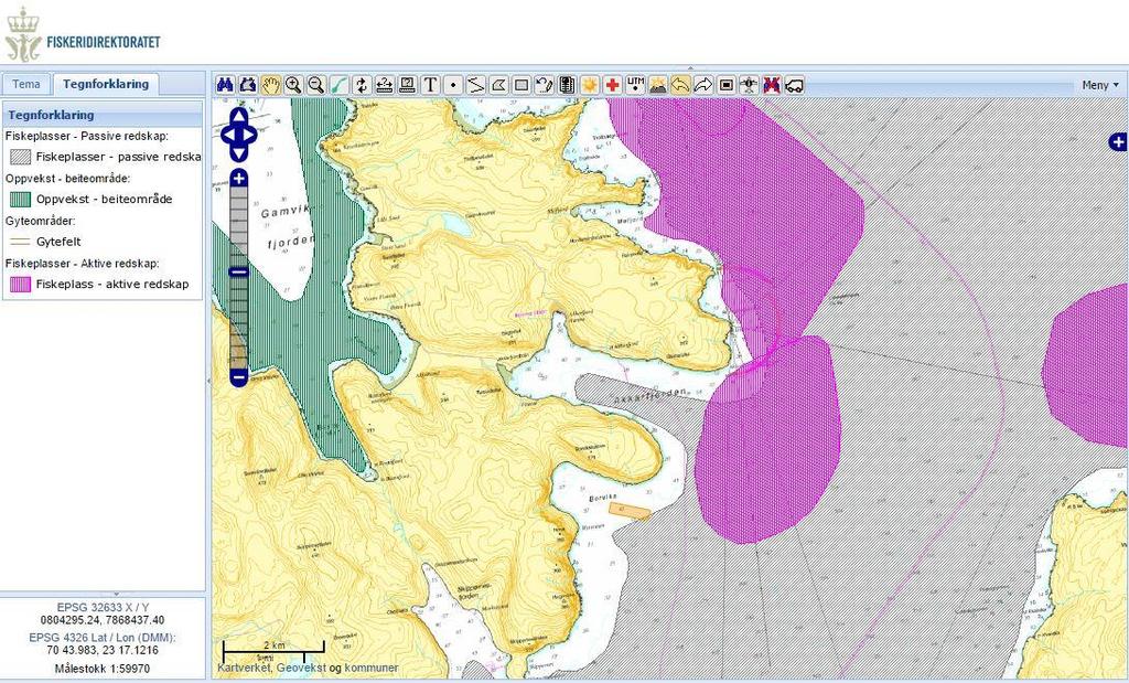 Vedlegg 6.3.8 Fiske områder Kart hentet fra Fiskeridirektoratet sin nettside. Lokalitet avmerket med gult rektangel omtrent midt på bilde. Skravert grønt område er avmerket for oppvekst/beiteområde.