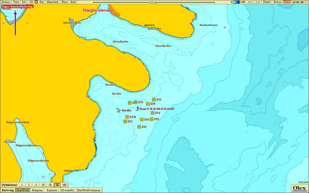 3 Lokalitetsbeskrivelse og bunntopografi Figur 2 viser oversiktskart der prøvetakingsstasjonene er tegnet inn. Borvika ligger i Hammerfest kommune, Dybder under anlegget ligger på ca. 40 til 80 meter.