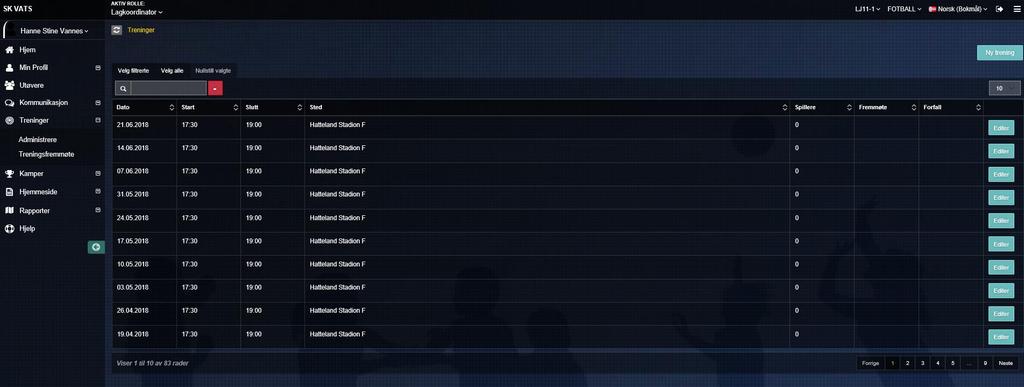 Admistrere treninger Her kan man admisnistrere enkelttreninger og fremmøte etc. His man har lagt inn sesongens treninger, kommer alle frem som en liste (som over).
