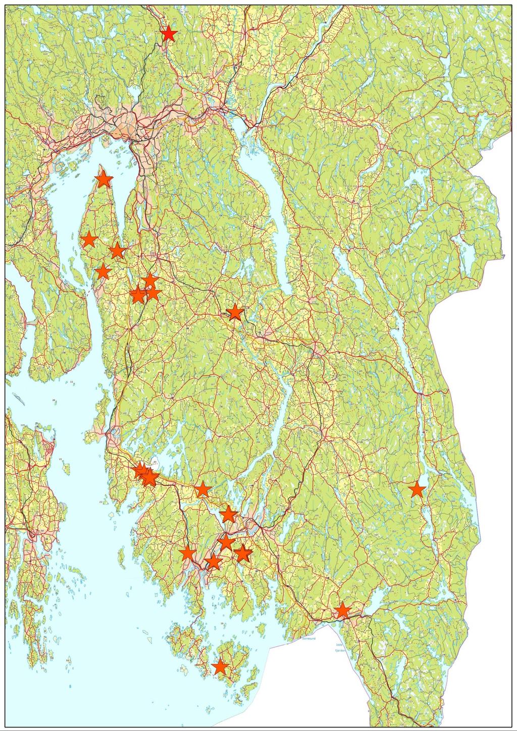 - Kartlegging av lokaliteter for bred blålibelle (Libellula depressa) - Figur 2. Kart som viser i hvilke områder det ble gjort undersøkelser etter bred blålibelle.