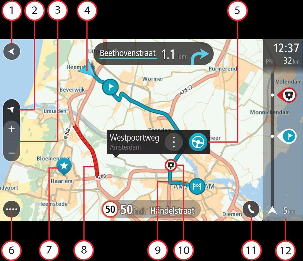 Hva vises på skjermen Kartvisningen Kartvisningen vises når du ikke har planlagt en rute. Faktisk posisjon vises med en gang GO PROFESSIONAL har innhentet GPS-posisjon.