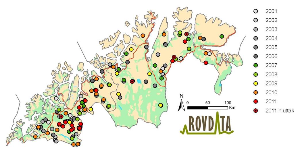 Side 6 av 16 Figur 1. Dokumenterte ynglinger av jerv i region 8 i årene 2001 2011. Kilde: Rovdata, Norsk institutt for naturforskning Figur 2.