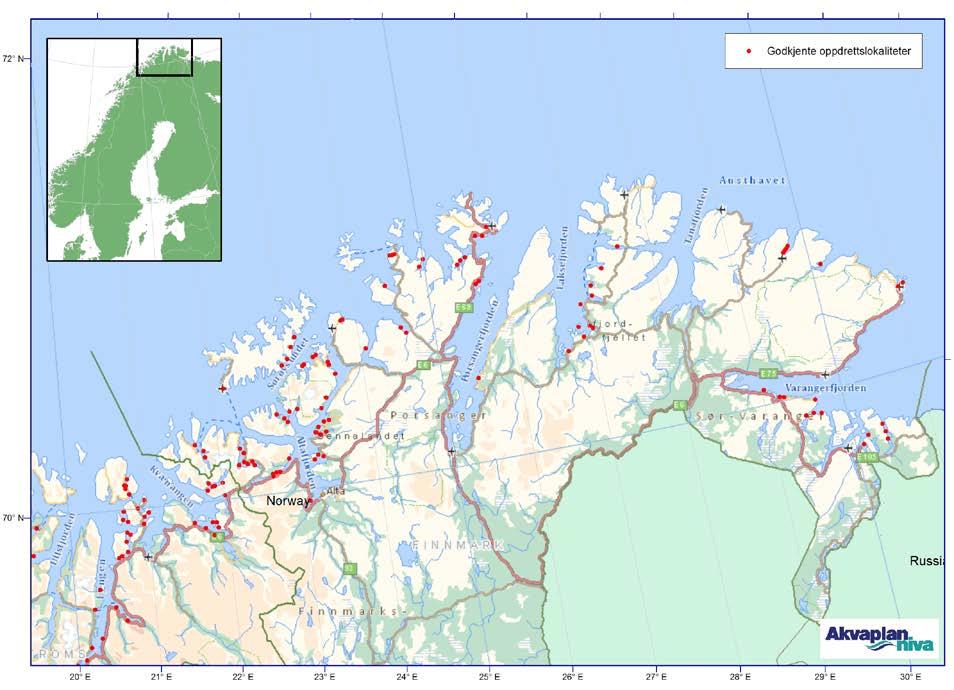 Figur 12 Godkjente oppdrettslokaliteter i sjø i Finnmark og Nord-Troms pr 20.