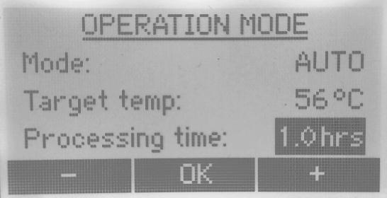 Hvis maskinen er i auto-modus, opprettholder den måltemperaturen i den valgte behandlingsperioden før den slår av varmerne.