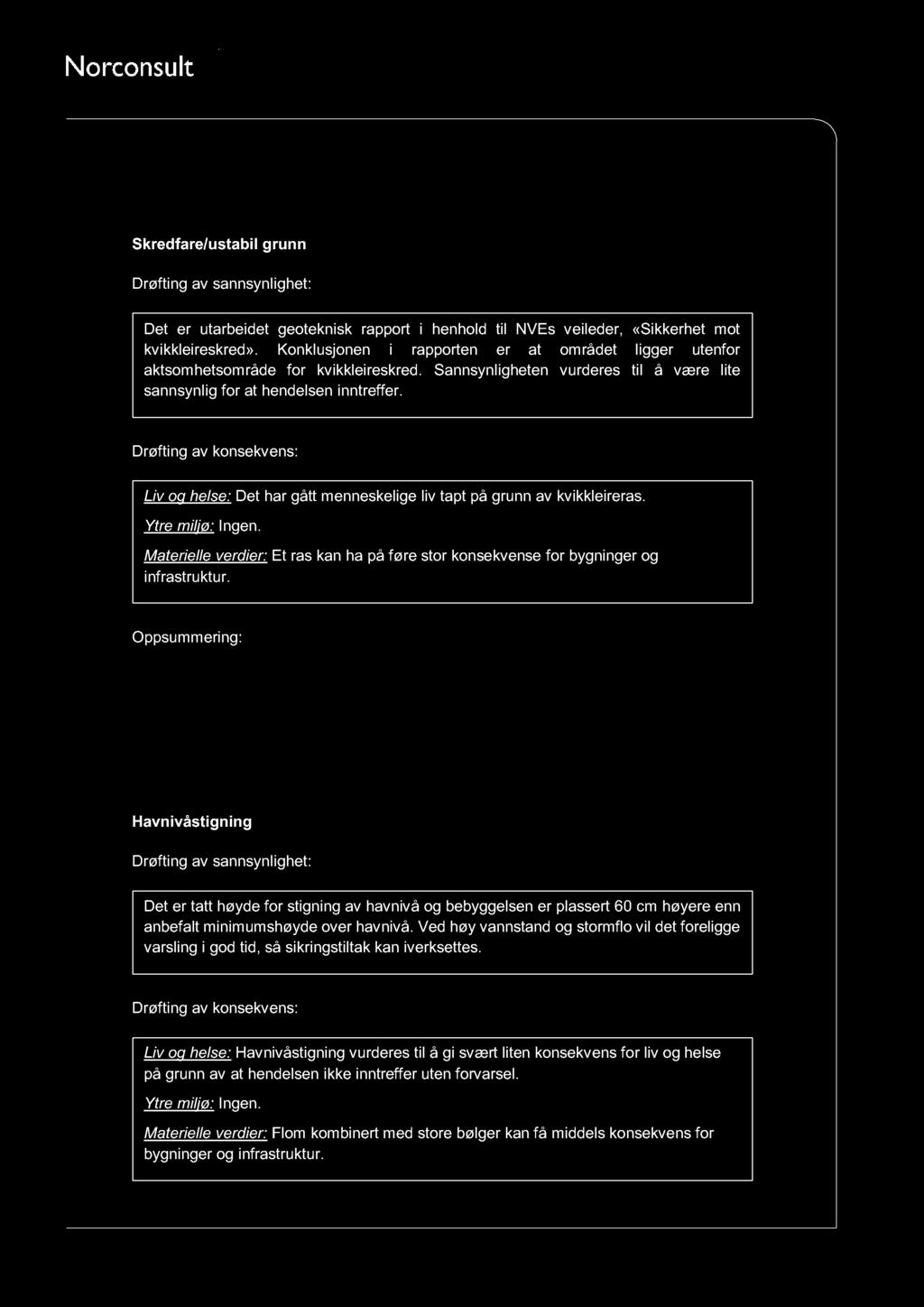 Vedlegg I - Risiko analyser Skredfare/ustabil grunn Drøfting av sannsynlighet: Det er utarbeidet geoteknisk rapport i henhold til NVEs veileder, «Sikkerhet mot kvikkleireskred».