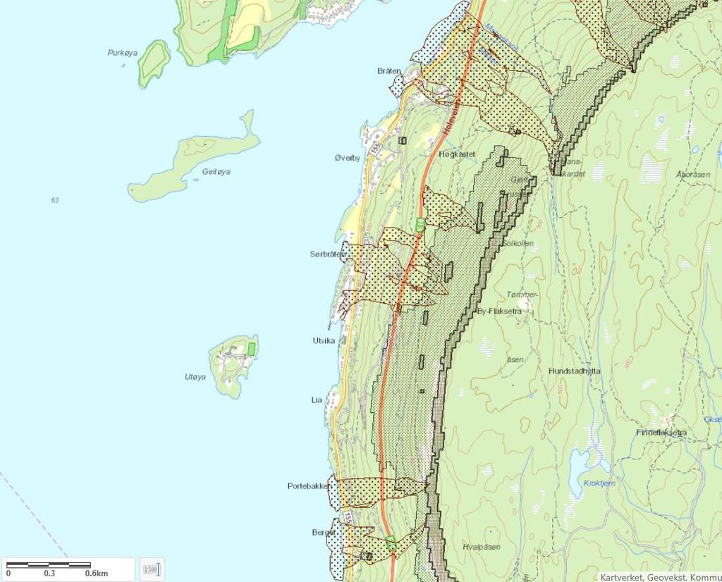 27 av 53 N Enhetsstrekning 6 Enhetsstrekning 5 Enhetsstrekning 4 Enhetsstrekning 3 Figur 11: Viser NVEs aktsomhetskart for steinsprang og jord- og flomskred for den nordlige delen av strekningen