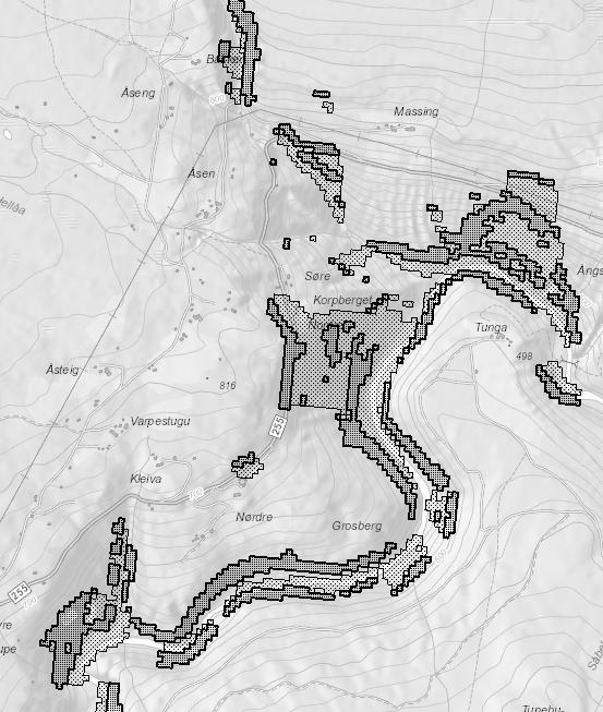 Geologisk rapport nr. 2014044585-5 N N 500 m 500 m Figur 2.2. Aktsemdskart for steinsprang. Mørk grå farge indikerer terreng som er bratt nok til at steinsprang kan bli utløyst.