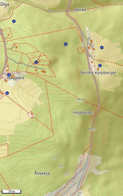 Geologisk rapport nr. 2014044585-5 N Figur 2.19. Grunnvassbrønnar i området, markert som blåe sirklar.