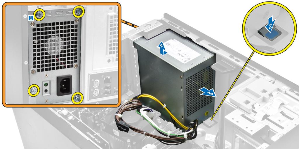 Slik tar du ut strømforsyningen (PSU): a. Fjern skruene som fester PSU til datamaskinen [1]. b.