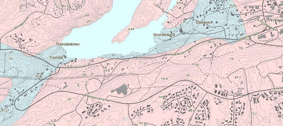 4 Kvartærgeologiske kart viser imidlertid at området ikke er dekket av løsmasser av betydlig mektighet. Noen fjord-/havavsetninger befinner seg i Trondalen-området, samt på nordsiden av dagens Fv 416.