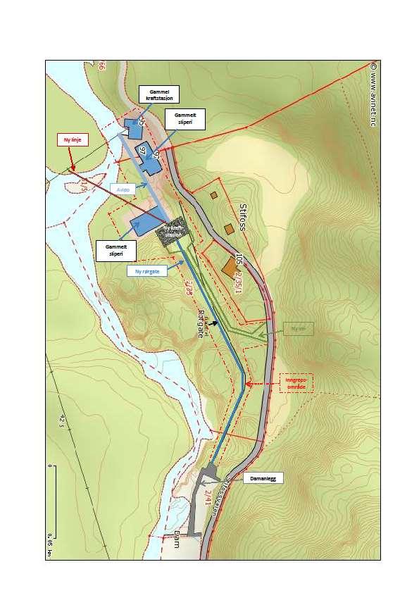 Vedlegg 4: Detaljkart for nytt Stifoss Kraftverk med inntak, vannvei, kraftstasjon, veier,