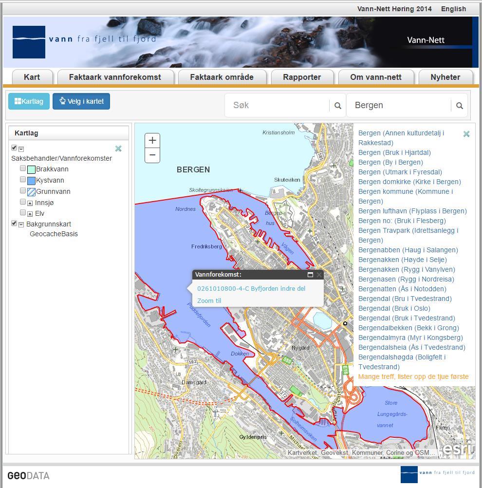 Eksempel: Stedsøk «Bergen» gir en liste å velge fra. Når du er i riktig område så trykk på knappen «velg i kart».