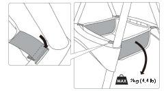 MONTERING AV FÖRVARINGSKORG / SÄILYTYSKORIN ASENNUS / MONTERE OPPBEVARINGSKURV / MONTERING AF OPBEVARINGSKURV / STORAGE BASKET ASSEMBLY SE UNDERHÅLL För rengöring utav sitsen, barnselen samt