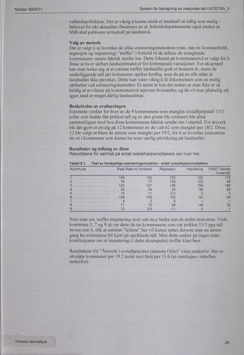 Notater 50/2011 System for beregning av nasjonale tall i KOSTRAJI velferdspolitikken.