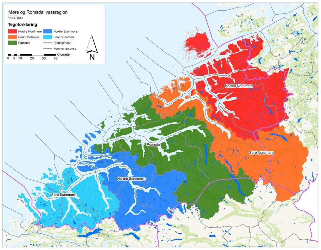 Figur 1. Kart over vassregionen og vassområda Regionen er prega av fjordlandskap der mange djupe fjordar skjer langt inn i landet. Vassdraga er etter måten korte med raskt fall frå fjell til sjø.