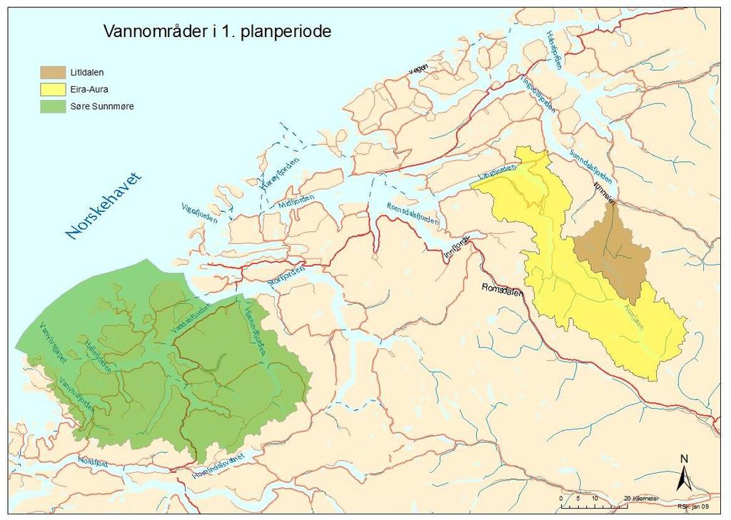 Figur 2: Kart som viser vassområda frå den første planperioden (2010 2015) Aura/Eira og Litjdalsvassdraget blei valde fordi det parallelt med første planperiode òg er sett i gang revisjon av