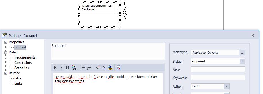 Trinn 13.2 Lag nye objekttyper, datatyper og kodelister ved å dra fra verktøykassa inn i et diagram.