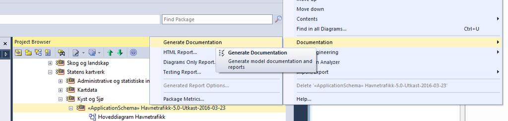 Dokumentere modellen 19 Generer tekstlig dokumentasjon via tilrettelagte rapportmaler. Dokumentasjonsmalen er lagret i fila SOSI_modellregister_JET40.eap.
