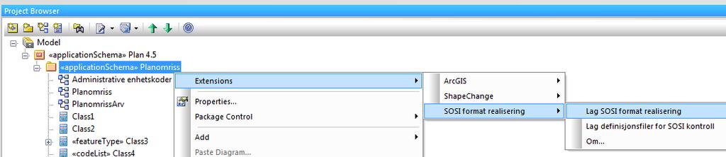 24 Generer SOSI-formatbeskrivelse og legg denne inn i produktspesifikasjonsdokumentet. Høyreklikk på applikasjonsskjemapakka og velg Extensions/SOSI/SOSIformatreralisering.