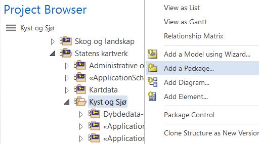 III. Legg til en ny pakke som skal inneholde UML-modellen til den nye produktspesifikasjonen. Det gjør du ved å høyreklikke på pakka som du har sjekket ut under I. Så velger du Add a Package. IV.