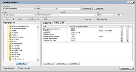 Eksempel 3: Rapporten viser fritekstbestillinger, artikkel, kontostreng, beskrivelsesfelter, periode fra/til og