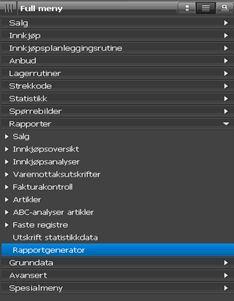 OPPBYGGING AV RAPPORTGENERATOR Rapportgenerator startes fra hovedmenyen i ehandel.