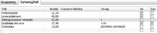 Felt under denne fanen vil fremkomme i rapporten som kolonner. Beskrivelse av kolonnene under fanen «Sortering/Felt»: Felt Viser navn på felt Bredde Du kan overstyre kolonnebredden.
