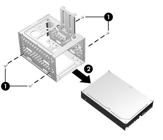 9. Koble fra strømledningen (1) og datakabelen (2) bak på harddisken. Figur 2-29 Koble fra harddiskkabler 10.