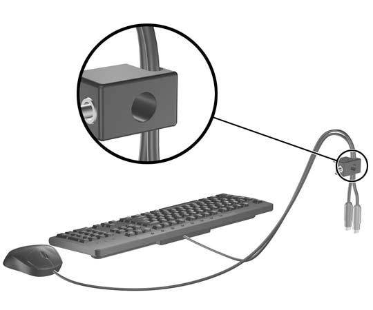 2. Tre kablene for tastatur og mus gjennom låsen.