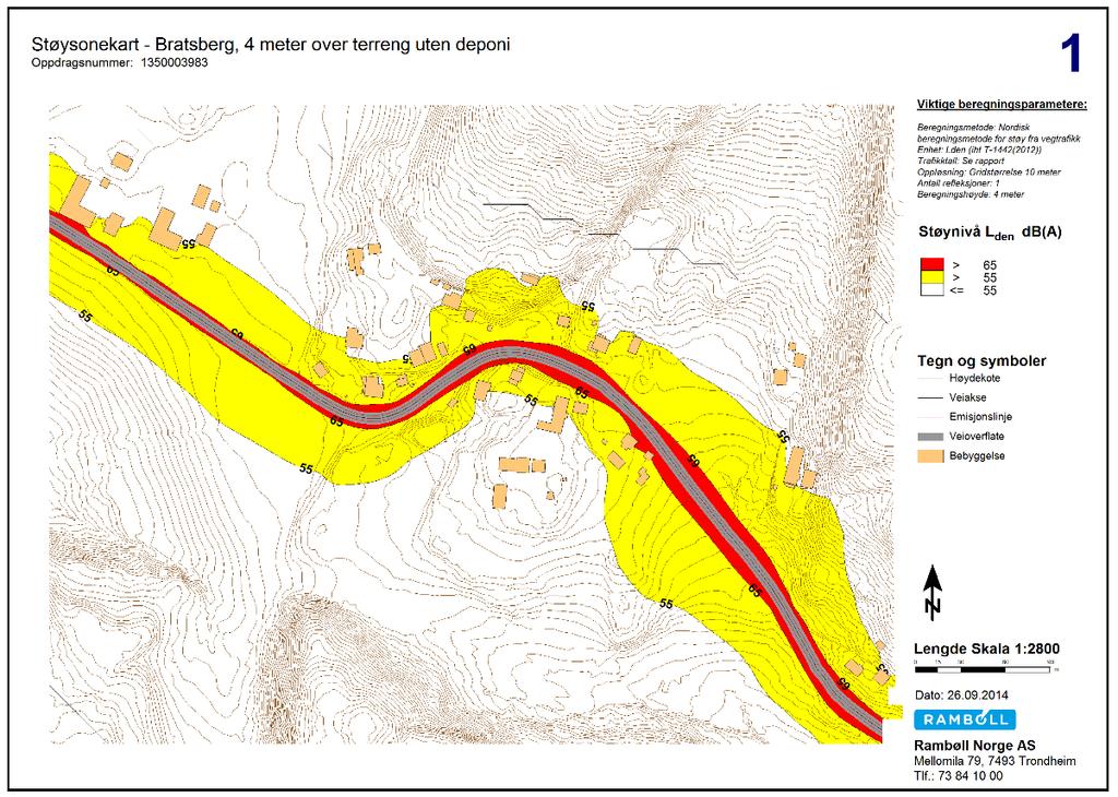 STØYUTREDNING 9 (12) 5. RESULTATER OG KONKLUSJON Resultatene er presentert i form av støysonekart med rød, gul og hvit sone. Det er valgt å benytte enheten L den da det er boliger som vurderes.