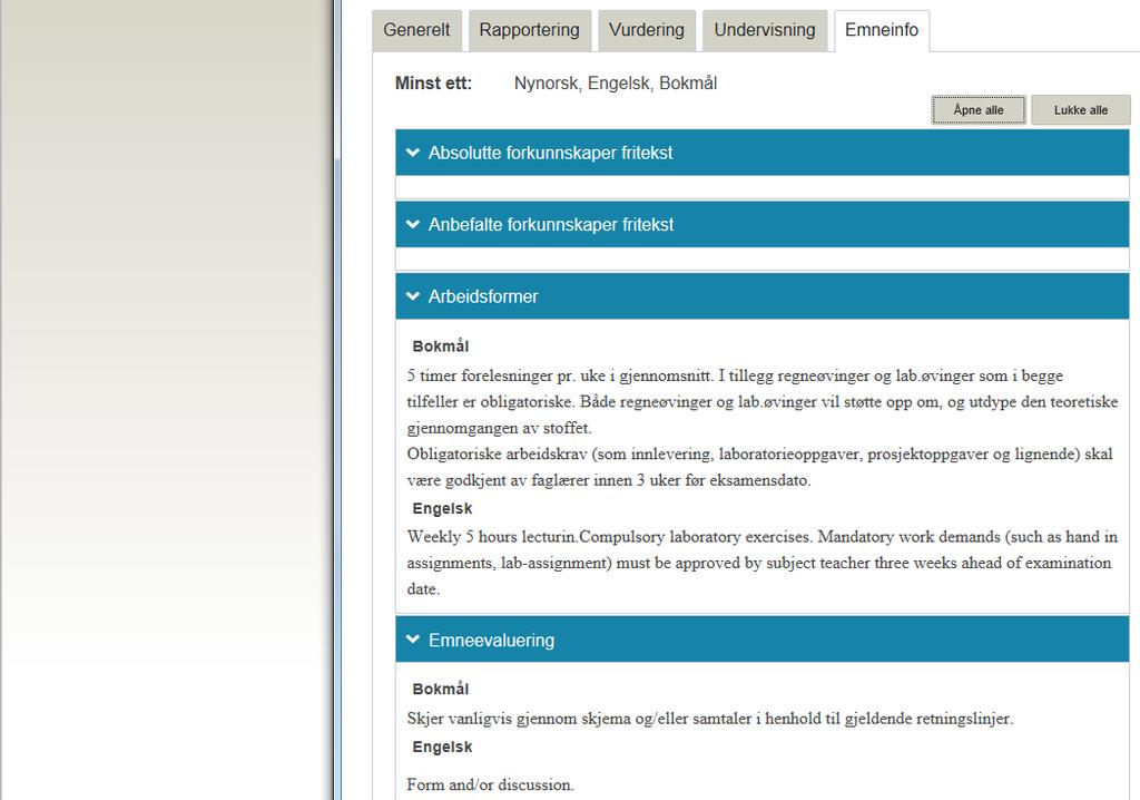 Fane Emneinfo Forkunnskapskrav (ses sammen med felt under fane Generelt)