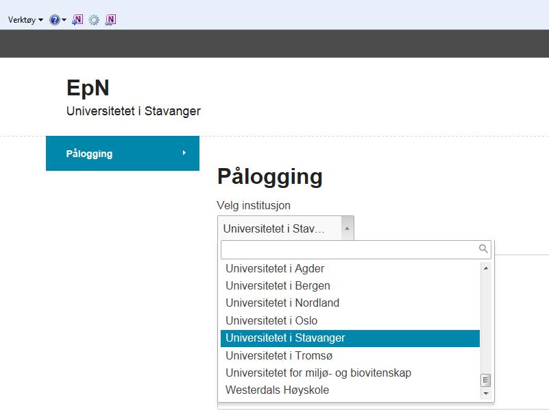 (Universitetet i Stavanger står langt ned i tabellen) hvis den ikke allerede er valgt, før en trykker på