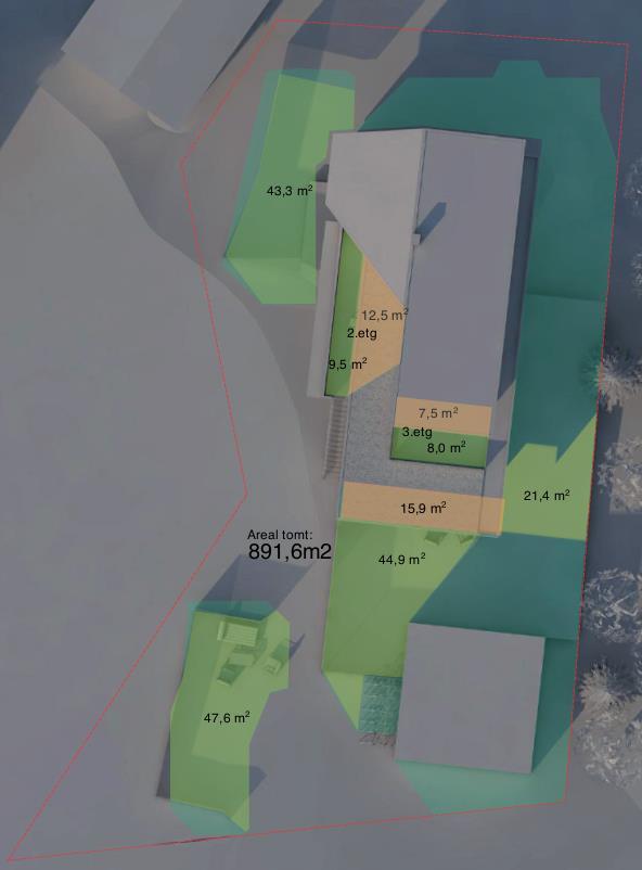 Oppnådde «nye» støykrav (prognose 2030) m/ støy <55dBA, Ref./1/ Støyskyggeareal økt til: 420m2 Støyskyggeareal m/ sol kl15 den 21.