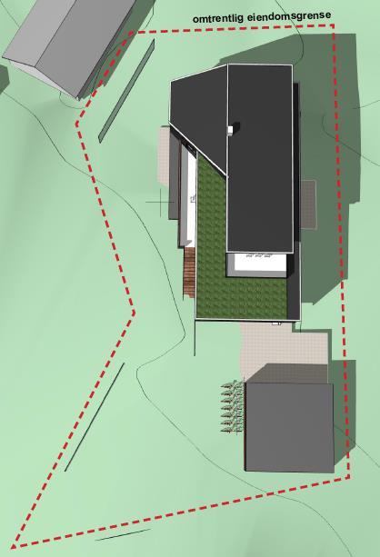 Uteoppholdsareal Utforming av hus gir mye støyskyggeareal og meget godt bruksareal Takoverheng bedrer utearealer (gir støyskygge og økt bruk ved nedbørsdager) Meget gode solforhold på flat tomt