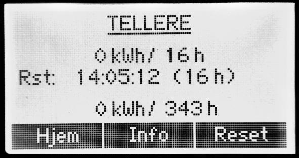 Tellere Dette skjermbildet viser time- og energitellere. Øverst vises arbeidstellere som kan tilbakestilles, etterfulgt av datoene tellerne ble tilbakestilt på.