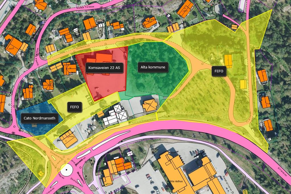 Figur 1: Oversikt eiendommer som ønskes regulert (kun deler av FEFO sin eiendom er
