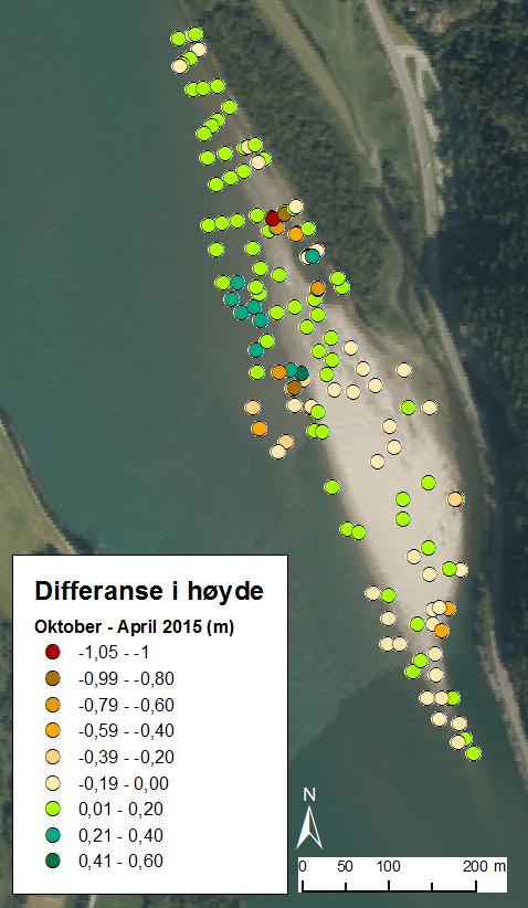 Jansson på sandbanken ved Elstad ved Ringebu i april og oktober 2015 viser sandbankens utvikling i disse månedene.