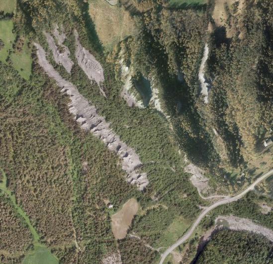 Jodalen ligger rett nedtrøms utløpet av Olstappen og Kamfoss. Fig. 3.12. Ravineområde i Jodalen ved Skåbu. Fig. 3.13.