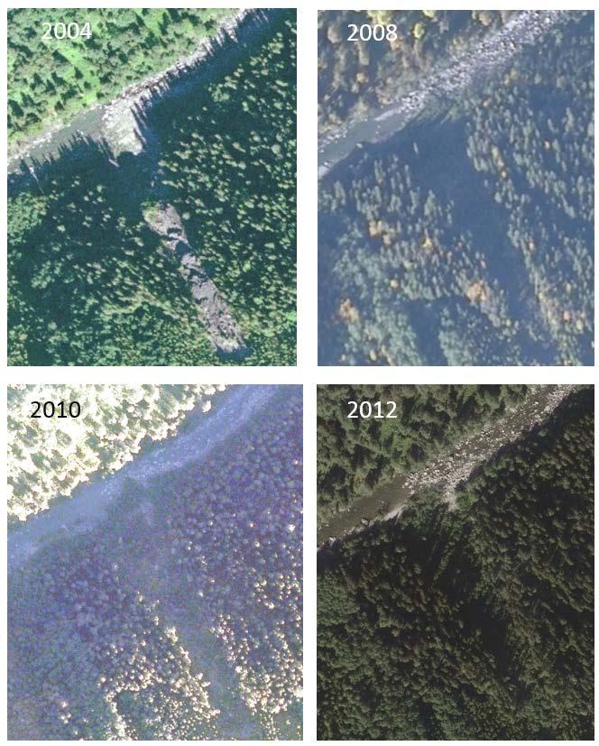 Fig. 3.21. Eksempel på flomskred fra 2004 som sannsynligvis nylig har inntruffet. Bildeserien viser utviklingene fra 2004 til 2012.