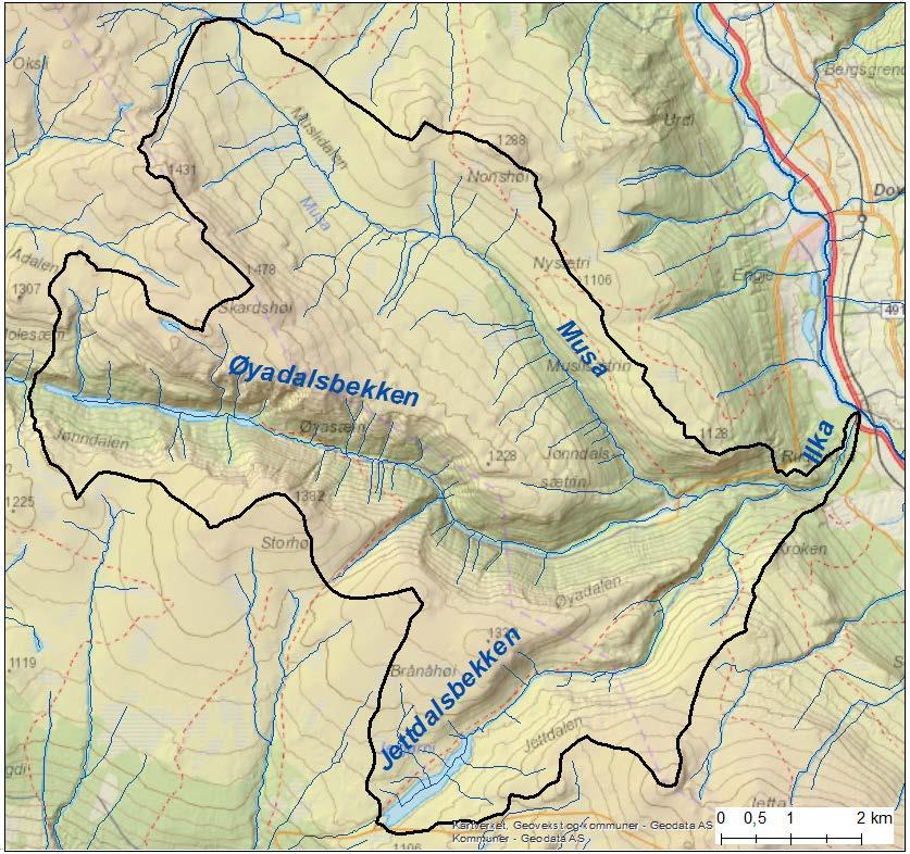3.5 Ilka Ilka ligger i Dovre kommune nordvest i Gudbrandsdalen. Sideelven Musa utgjør en stor del av nedbørfeltet. Jettdalsbekken kommer inn fra syd, se kart i fig 3.38. med lokalitetsangivelser.