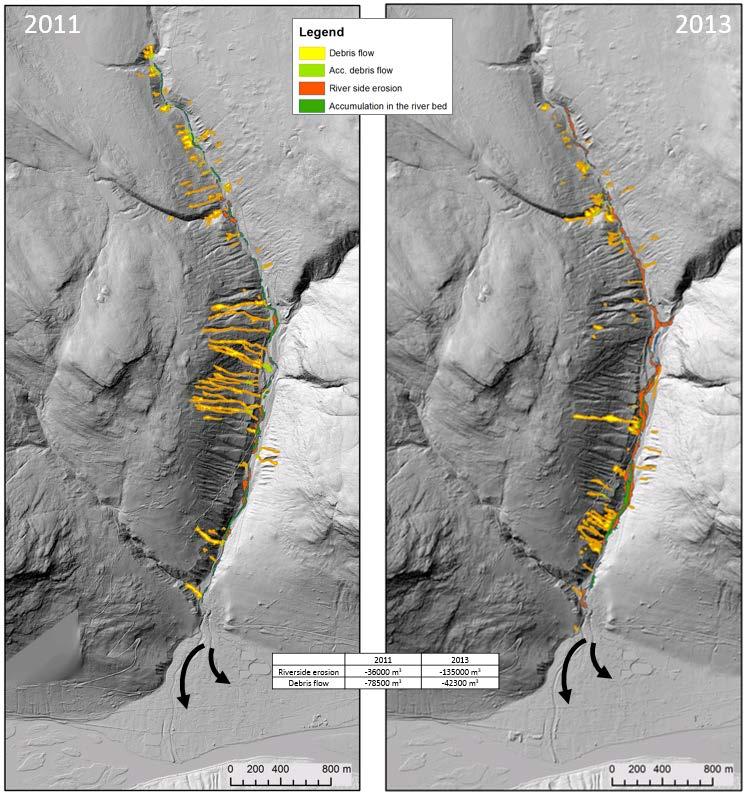 Fig. 3.69. DTM av Veikleåi som viser aktive skredbaner og erosjon og akkumulasjon langs elveløpet i 2011 og 2013 Mesteparten av skredmaterialet kommer fra moreneavsetninger.